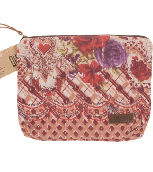 Pochette en sari de coton surpiqué kantha- Trousse au look vintage et bohème chic