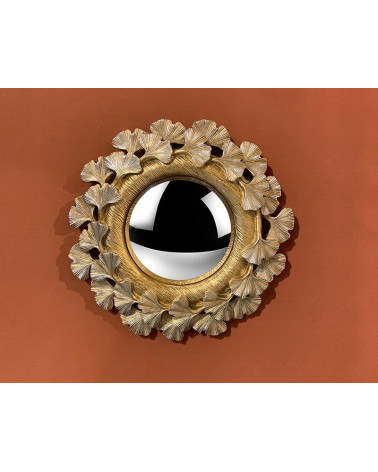 Miroir convexe couronne doré sur fond brun, décoration murale luxueuse, miroir style feuille d'or, ambiance chic