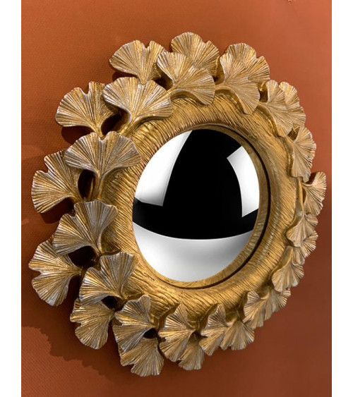 Vue de profil miroir convexe couronne doré 15,8cm, relief du cadre feuille d'or effet miroir grossissant, design unique