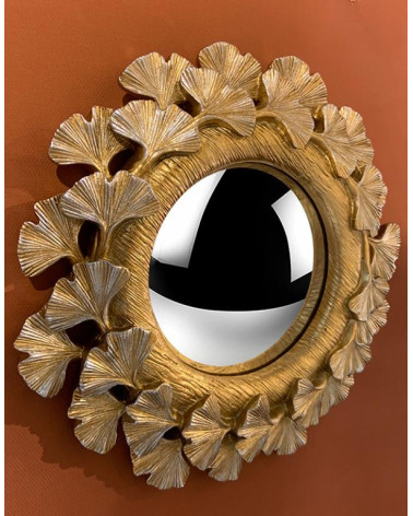 Vue de profil miroir convexe couronne doré 15,8cm, relief du cadre feuille d'or effet miroir grossissant, design unique