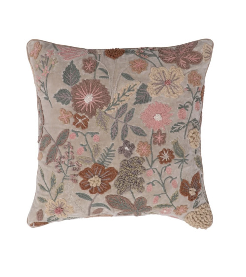 Housse de coussin en velours beige et rose avec broderies florales colorées 50x50 cm.