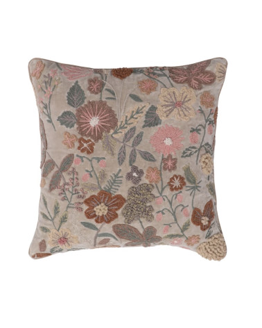 Housse de coussin en velours beige et rose avec broderies florales colorées 50x50 cm.