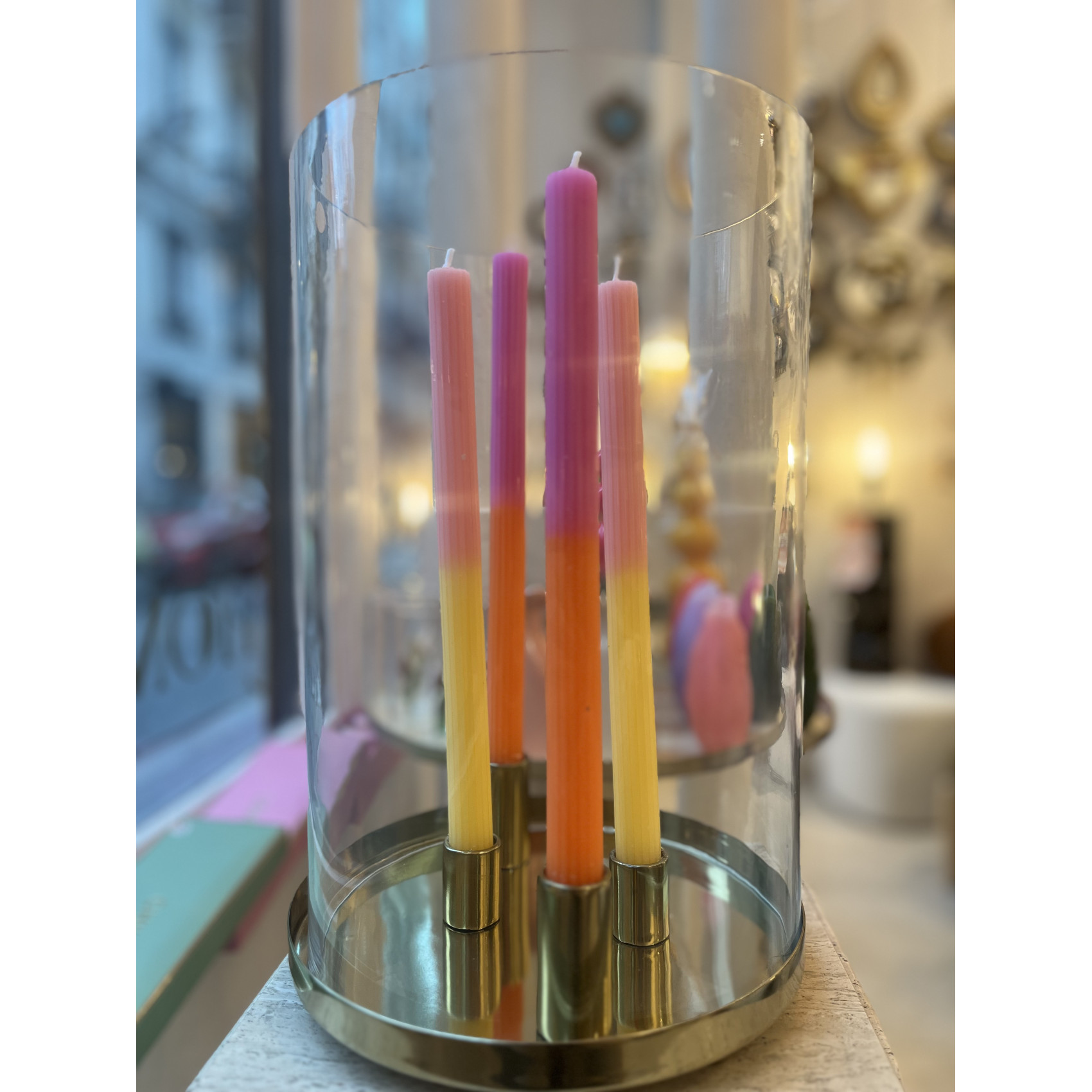 Photophore en verre et socle doré pour 4 bougies décoration intérieure