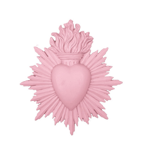 Décoration murale ex-voto cœur sacré en résine coloris rose pâle poudré.