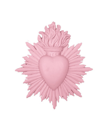 Décoration murale ex-voto cœur sacré en résine coloris rose pâle poudré.