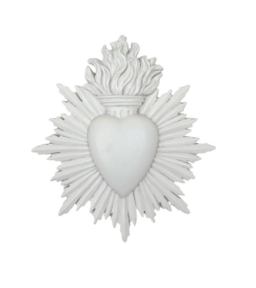 Ex-voto cœur sacré en résine blanc immaculé, idéal pour mur de curiosités.