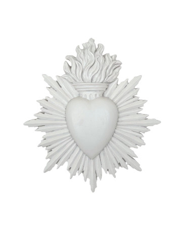 Ex-voto cœur sacré en résine blanc immaculé, idéal pour mur de curiosités.