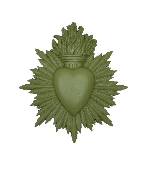 Décoration murale ex-voto en résine vert kaki mat et finitions soignées.
