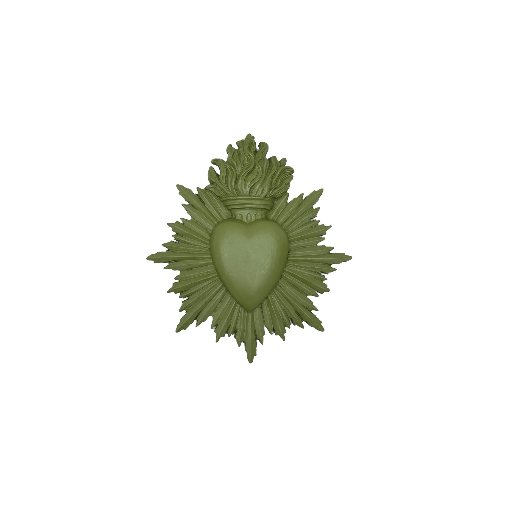 Décoration murale ex-voto en résine vert kaki mat et finitions soignées.