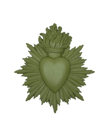 Décoration murale ex-voto en résine vert kaki mat et finitions soignées.