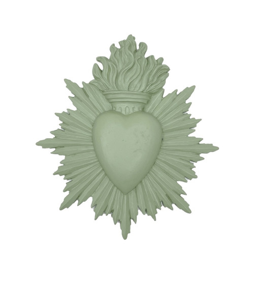 Cœur sacré ex-voto en résine vert clair amande .