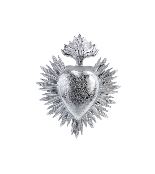 Ex-voto mural coeur argenté brillant style vintage.