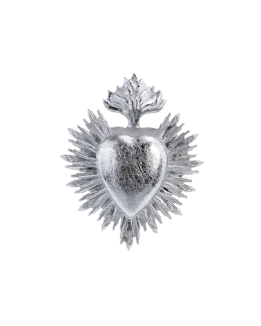 Ex-voto mural coeur argenté brillant style vintage.