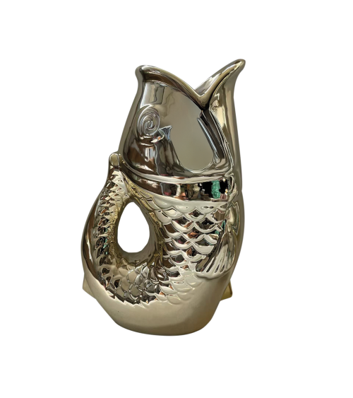 vase en céramique doré en forme de poisson, motif écaille, pièce unique pour intérieur moderne