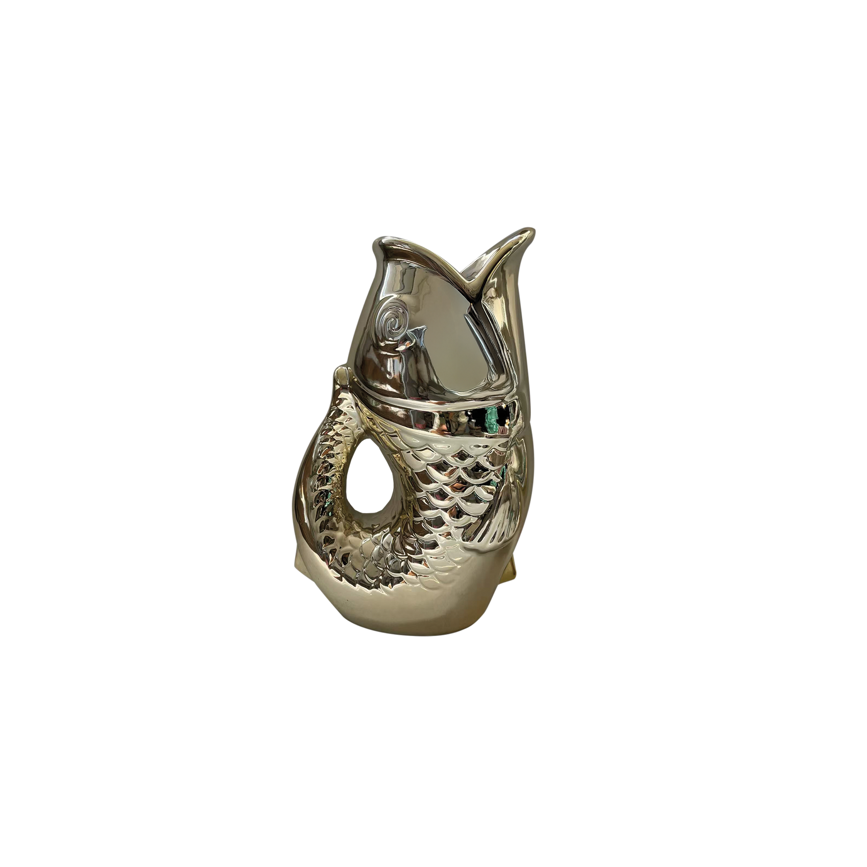 vase en céramique doré en forme de poisson, motif écaille, pièce unique pour intérieur moderne
