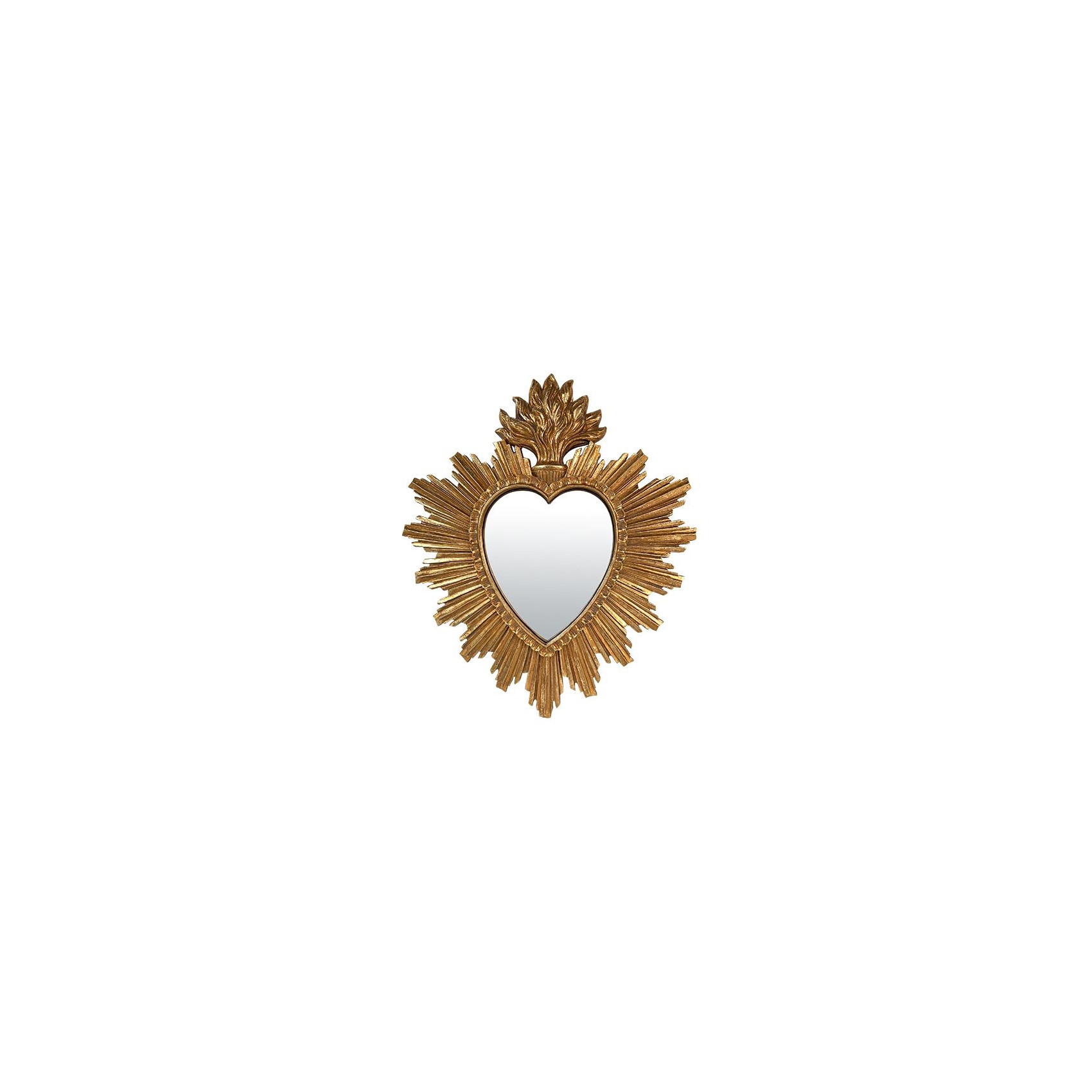 Miroir Ex-Voto Coeur Soleil doré 26x30 cm, décoration murale bohème chic, miroir sacré coeur, style ancien