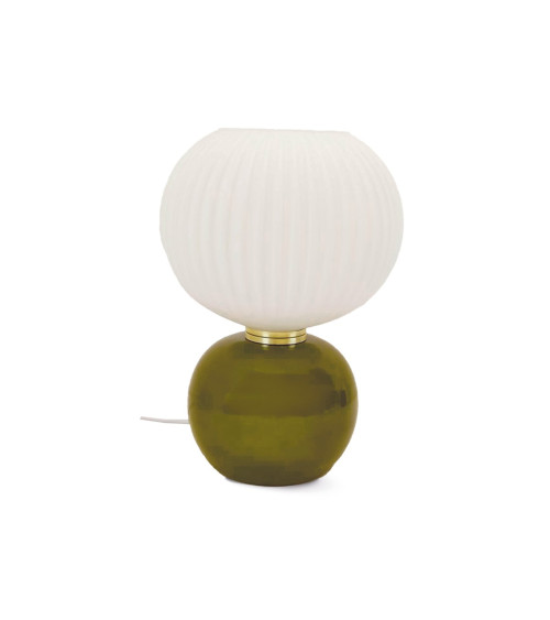 Lampe de chevet kaki D20 H28cm, abat-jour verre strié, base verre