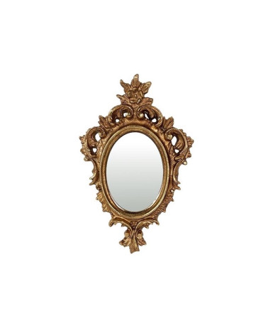 gros plan d'un miroir ovale  avec un cadre doré ancien orné de motifs rococo, sur fond blanc.