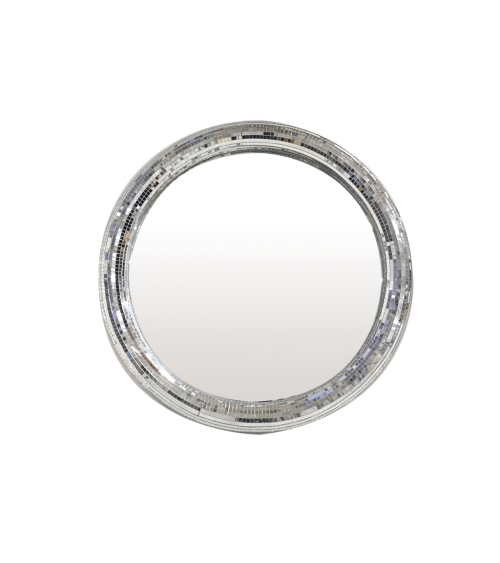 Miroir rond avec bordure à facettes, idéal pour une décoration murale de style disco vintage et poétique.