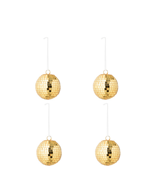 Gros plan sur la texture en carreaux de miroir de la boule de Noël jaune doré, pour décoration festive et brillante.