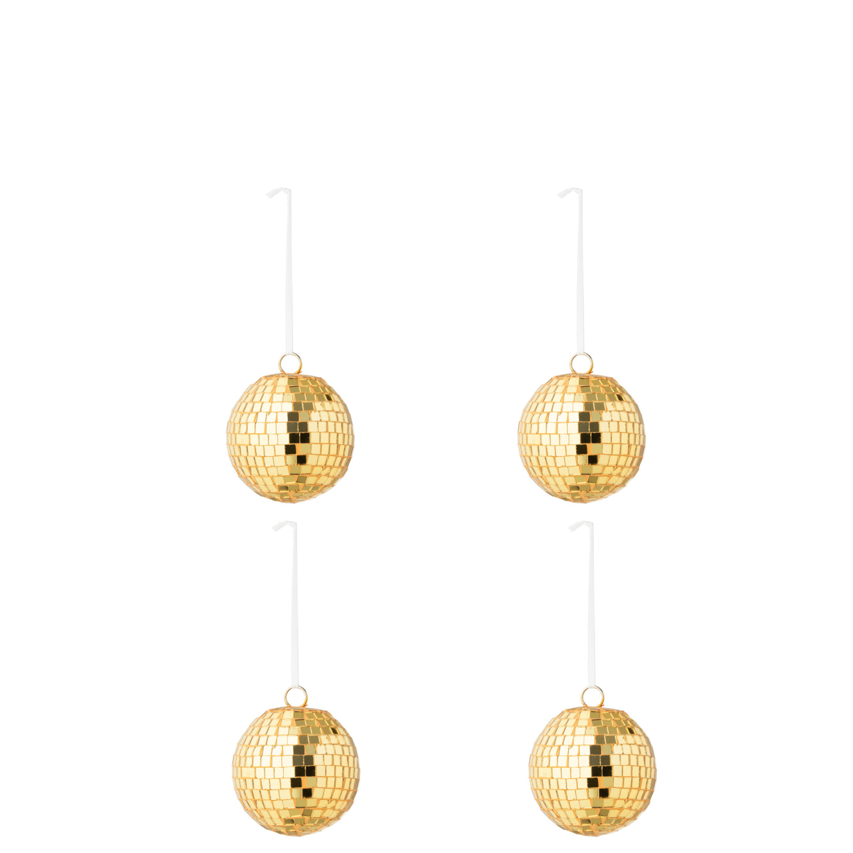 Gros plan sur la texture en carreaux de miroir de la boule de Noël jaune doré, pour décoration festive et brillante.