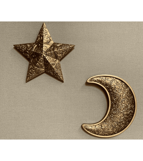 ensemble décoration murale étoile et lune dorées en résine- motifs floraux assortis