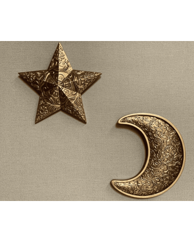 ensemble décoration murale étoile et lune dorées en résine- motifs floraux assortis