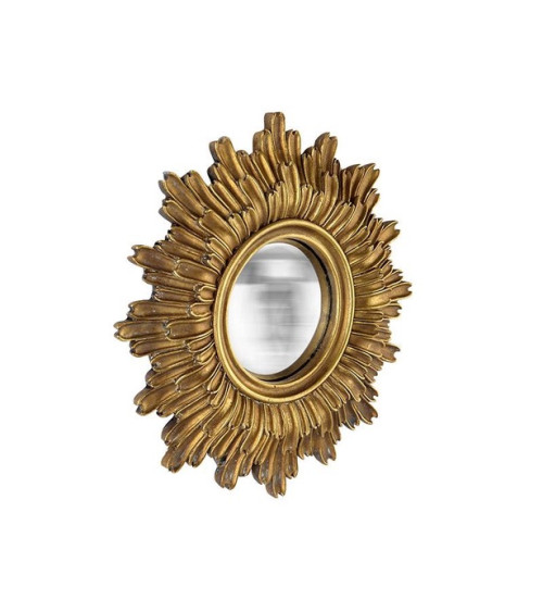 Miroir mural doré en forme de soleil, vue de profil gauche, design élégant