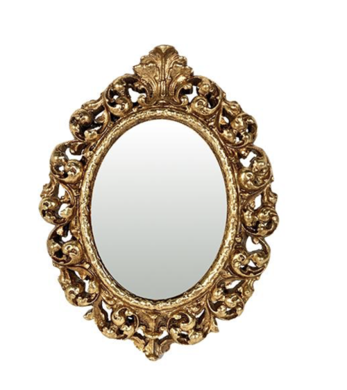 Miroir doré style ancien en résine EMDÉ, cadre ovale sculpté baroque chic.