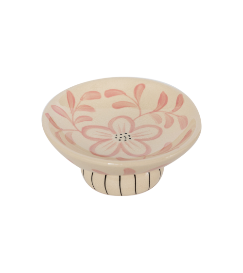 Vide-poche Lucia sur pied rose en céramique artisanale, décor floral peint à la main, décoration intérieure élégante