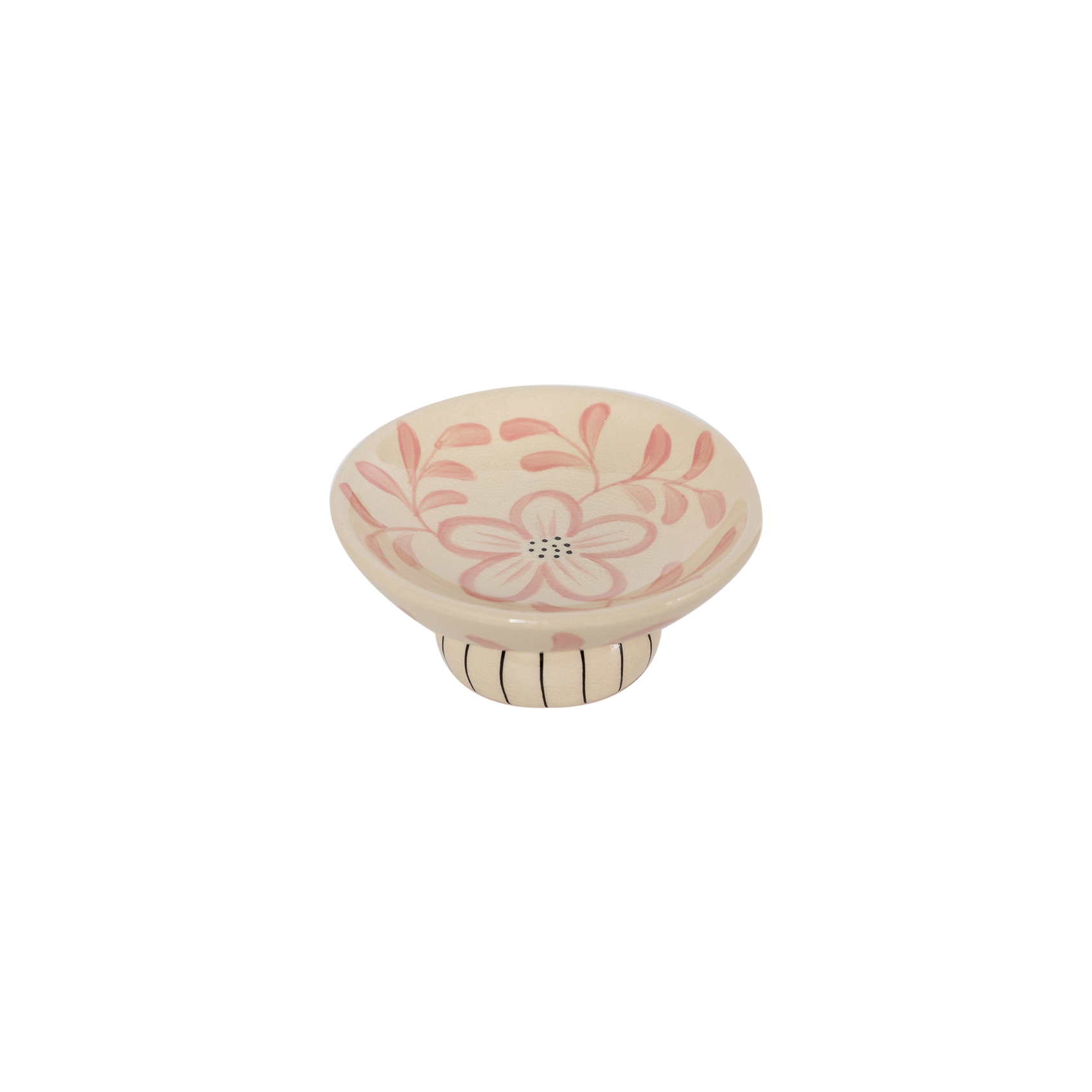 Vide-poche Lucia sur pied rose en céramique artisanale, décor floral peint à la main, décoration intérieure élégante