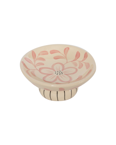 Vide-poche Lucia sur pied rose en céramique artisanale, décor floral peint à la main, décoration intérieure élégante