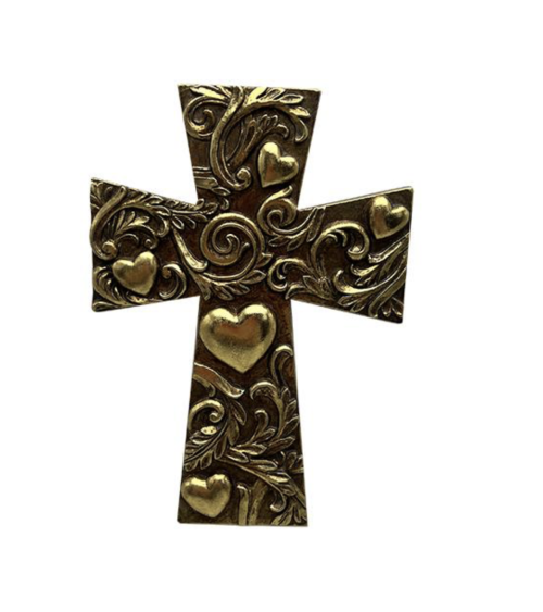Croix murale décorative dorée en relief avec motifs cœur et arabesques 10,5x15 cm