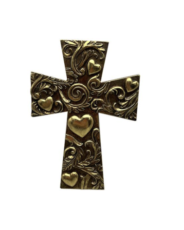 Croix murale décorative dorée en relief avec motifs cœur et arabesques 10,5x15 cm
