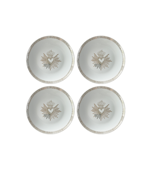 Lot de quatre assiettes dessert Ex-Voto dorées avec motif cœur sacré