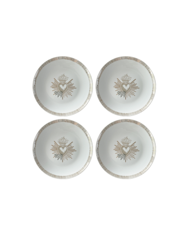Lot de quatre assiettes dessert Ex-Voto dorées avec motif cœur sacré