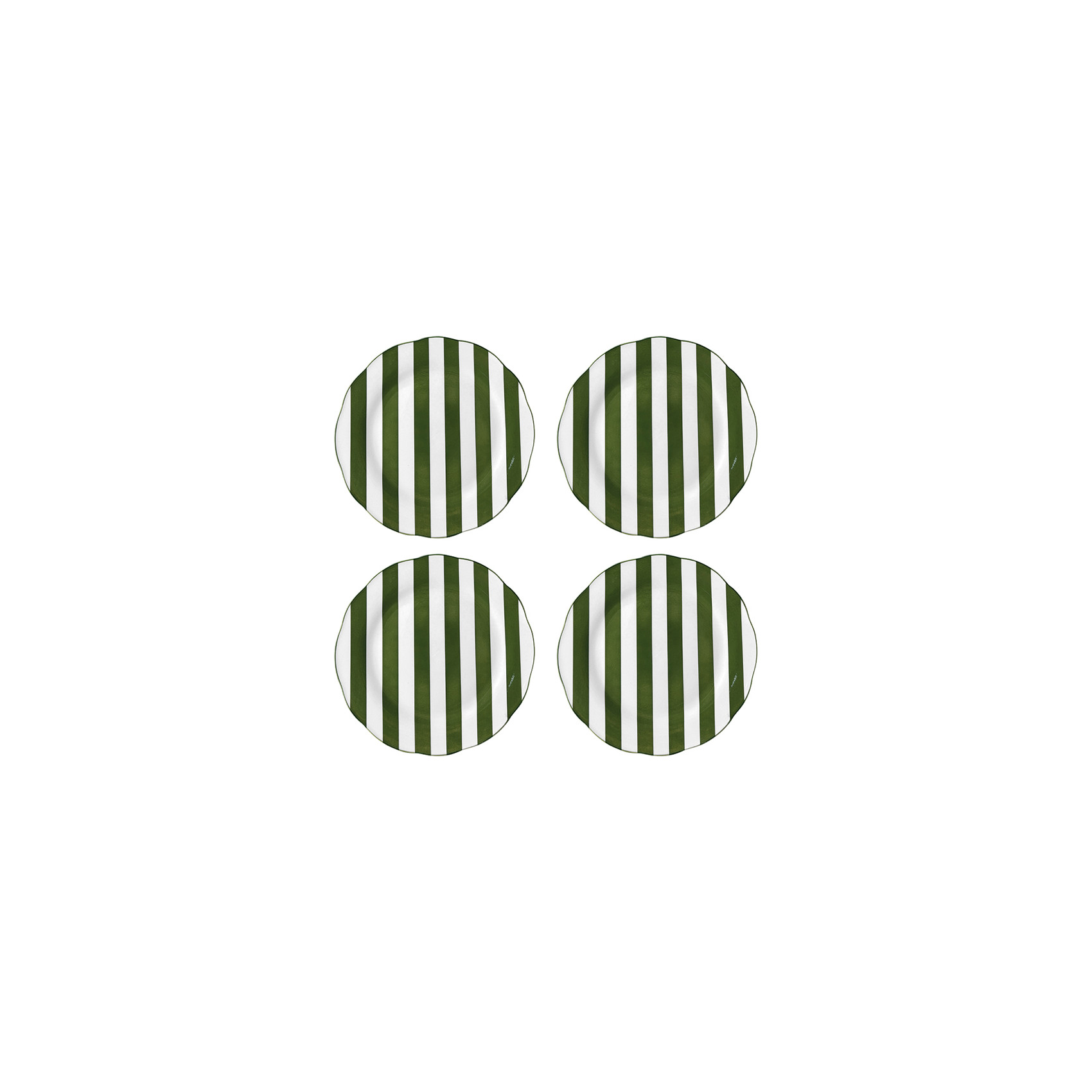 Lot de quatre assiettes plates à rayures vertes et blanches, diamètre 19 cm.