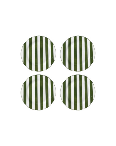 Lot de quatre assiettes plates à rayures vertes et blanches, diamètre 19 cm.