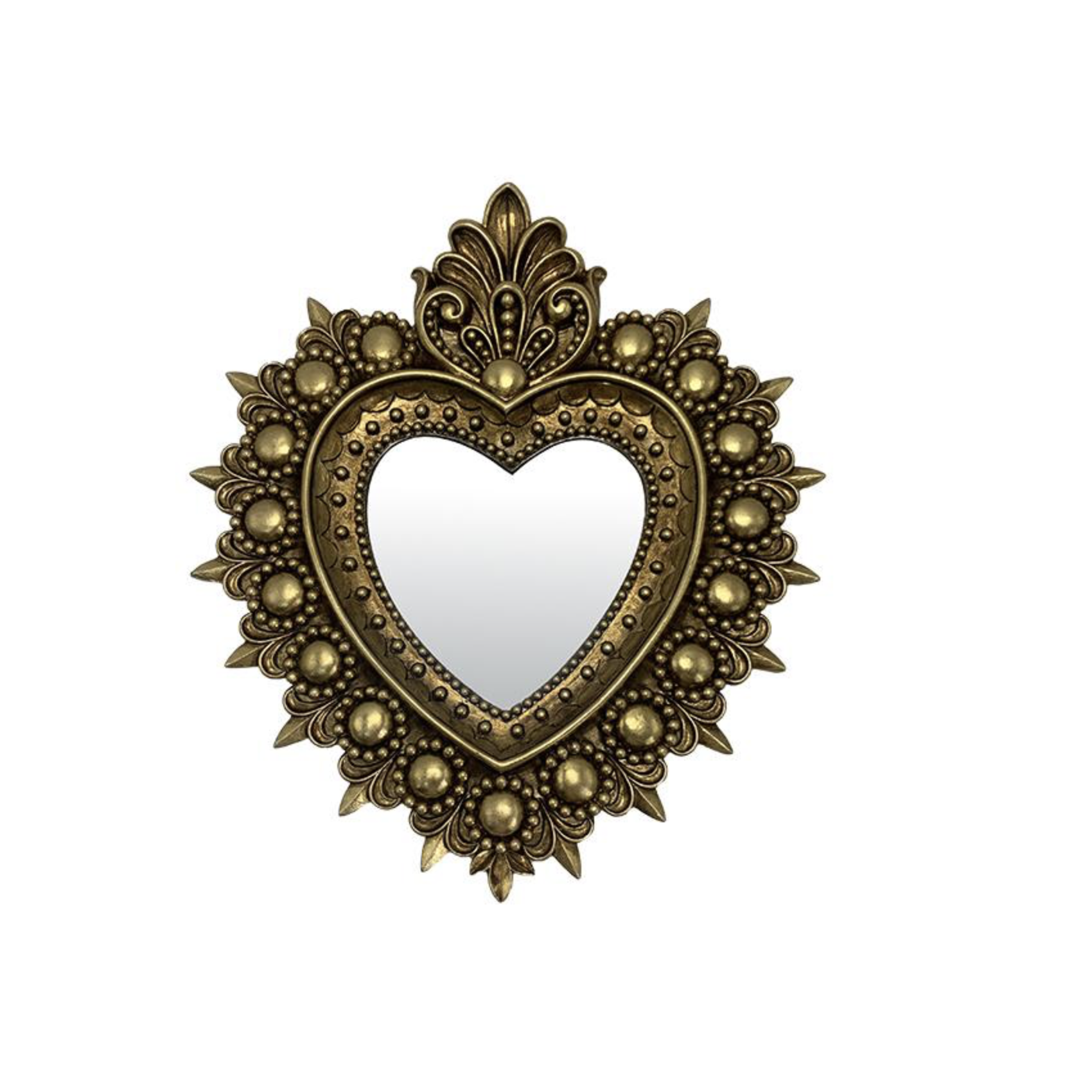 Gros plan sur le miroir cœur ex-voto doré en résine, style soleil, fond blanc.
