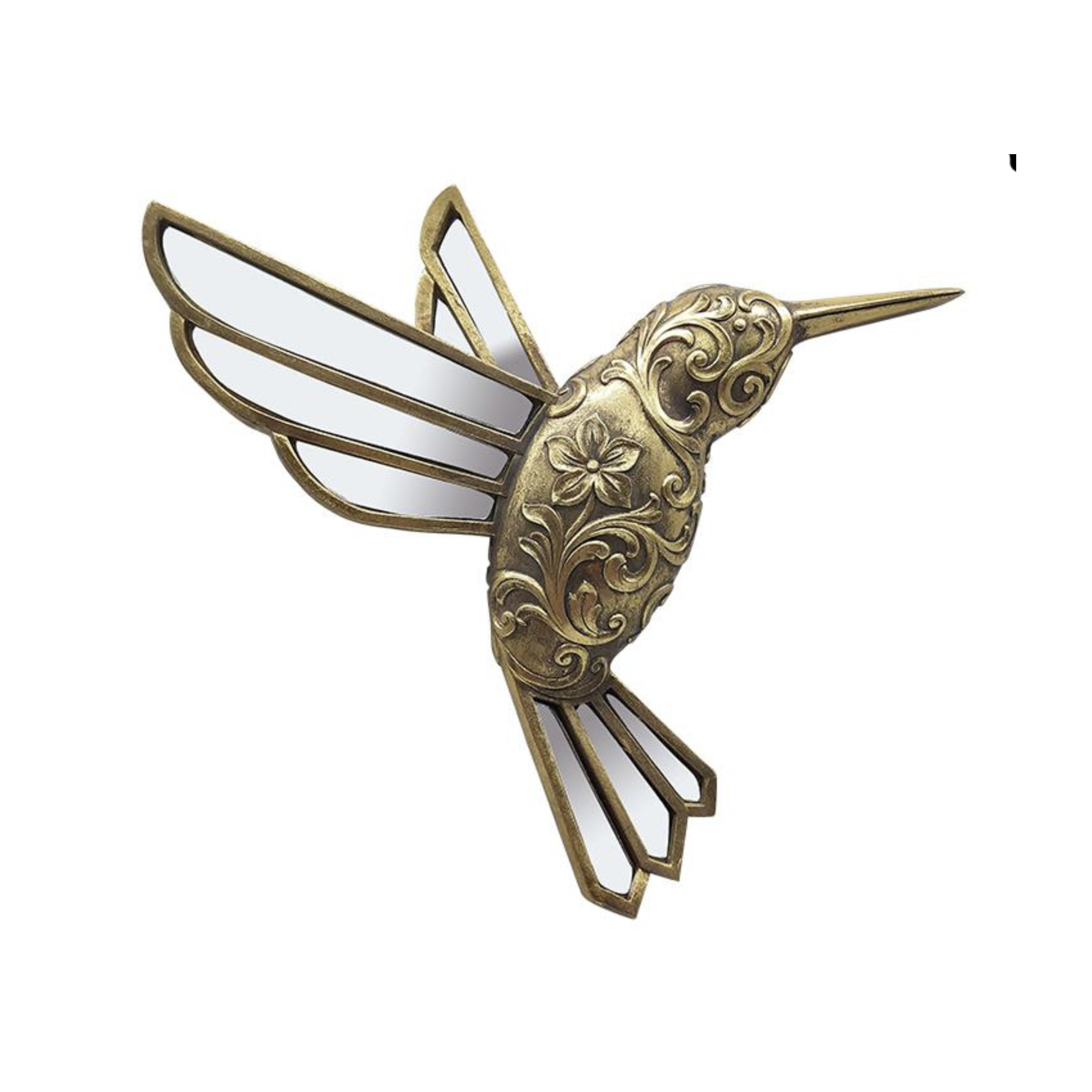Décoration murale en forme de colibri en résine dorée avec ailes en miroir, style vintage chic.