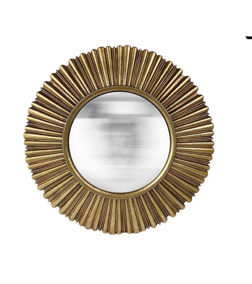 Petit miroir mural convexe de 18 cm de diamètre avec un cadre circulaire doré à rainures effet soleil.