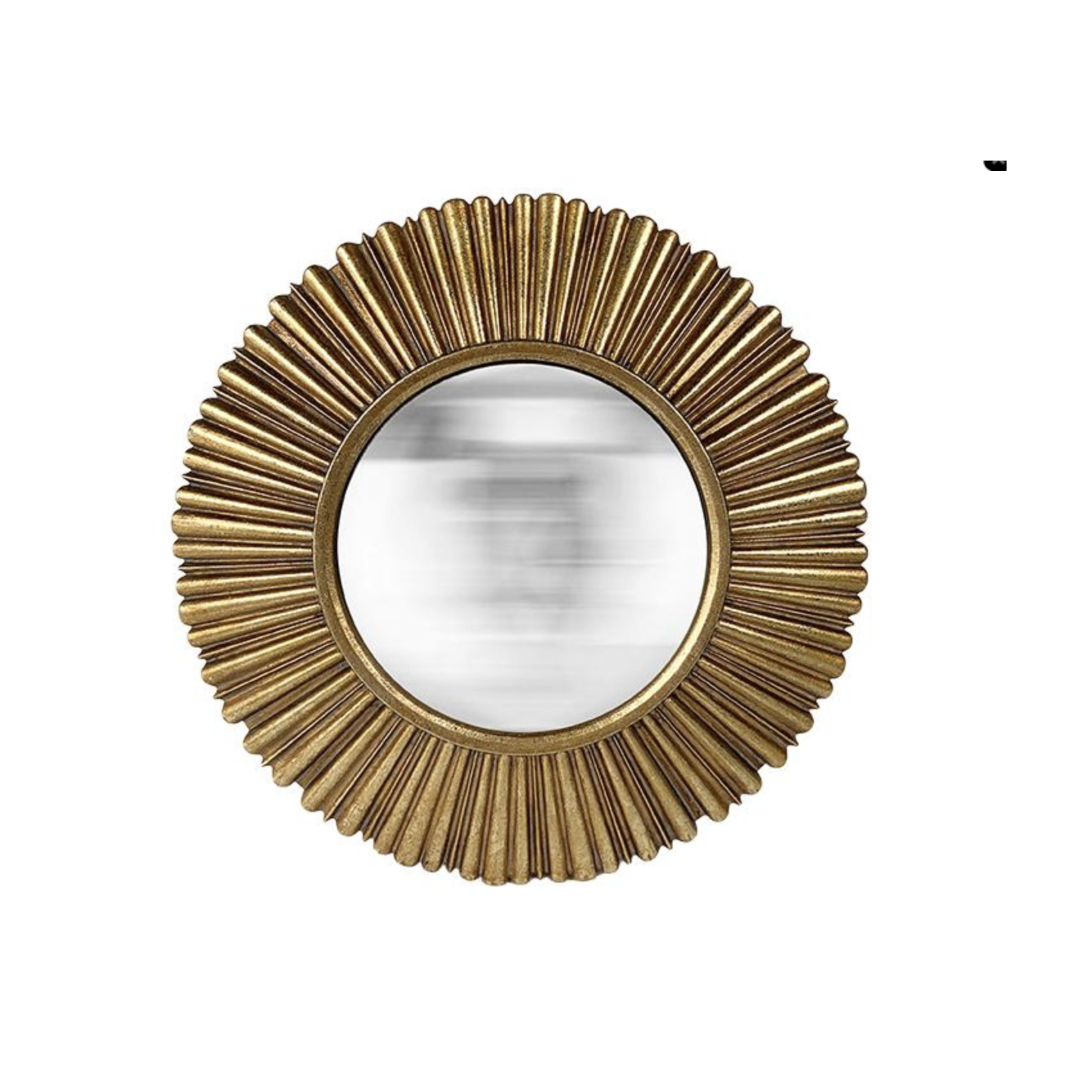 Petit miroir mural convexe de 18 cm de diamètre avec un cadre circulaire doré à rainures effet soleil.