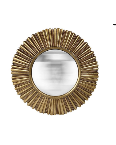 Petit miroir mural convexe de 18 cm de diamètre avec un cadre circulaire doré à rainures effet soleil.