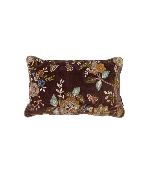 Coussin brodé en velours floral marron 30x50 cm coloris marron coussin décoratif bohème fait main