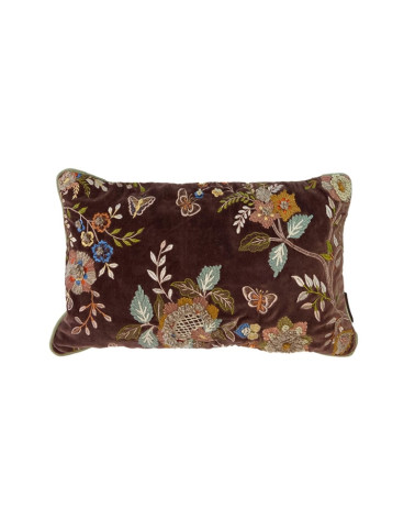Coussin brodé en velours floral marron 30x50 cm coloris marron coussin décoratif bohème fait main