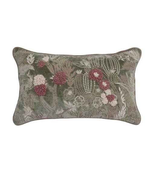 Housse de coussin en velours vert sauge avec broderies artisanales de cactus et fleurs roses 30x50