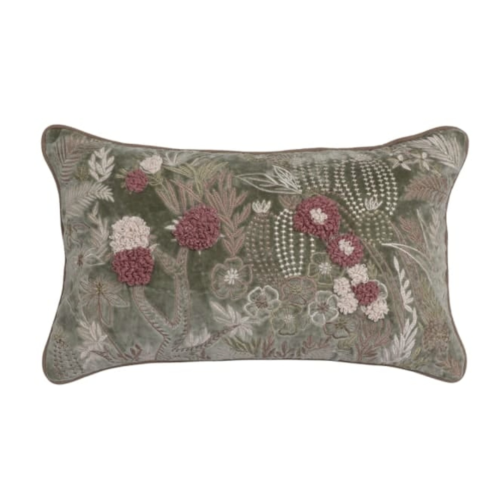 Housse de coussin en velours vert sauge avec broderies artisanales de cactus et fleurs roses 30x50