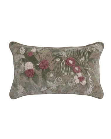 Housse de coussin en velours vert brodée main - Motif Cactus et Fleurs - 30x50 cm