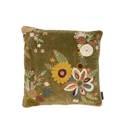 Housse de coussin en velours kaki brodée à la main 50x50 style vintage bohème