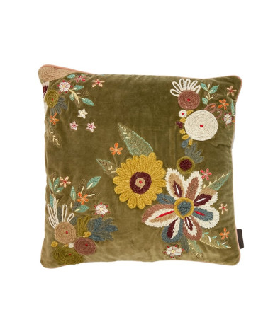 Coussin brodé floral en velours kaki – Style bohème 50x50 cm